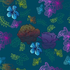 Flower line art in abstract style seamless pattern -vector