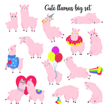 Collection of cute vector llamas. Set of stickers, patches. Doodle illustration. Template for cards, textiles, advertising, web design.