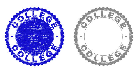 Grunge COLLEGE stamp seals isolated on a white background. Rosette seals with grunge texture in blue and grey colors. Vector rubber stamp imitation of COLLEGE text inside round rosette.