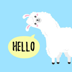 Vector cartoon card. Doodle illustration. Template, background for print, design. Cute poster with funny llama