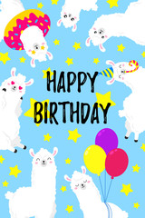 Birthday vector cartoon greeting card design. Doodle illustration. Template, background for print, design. Funny poster with funny lamas. Happy birthday party