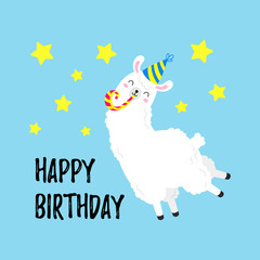Birthday vector cartoon greeting card design. Doodle illustration. Template, background for print, design. Funny poster with funny lamas. Happy birthday party © yepifanovahelen