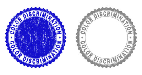 Grunge COLOR DISCRIMINATION stamp seals isolated on a white background. Rosette seals with grunge texture in blue and grey colors.