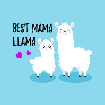 Vector cartoon card. Doodle illustration. Template, background for print, design. Cute poster with fun llama and baby. Happy mother s day