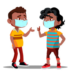 Two Afro American Boys With Medical Masks On Their Faces During Quarantine Vector. Isolated Illustration