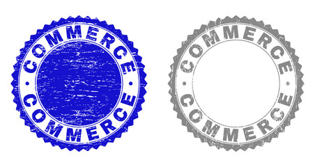 Grunge COMMERCE stamp seals isolated on a white background. Rosette seals with grunge texture in blue and gray colors. Vector rubber stamp imitation of COMMERCE label inside round rosette.