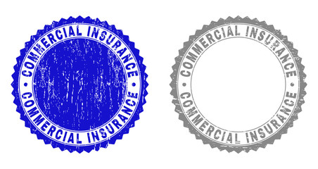Grunge COMMERCIAL INSURANCE stamp seals isolated on a white background. Rosette seals with grunge texture in blue and gray colors.