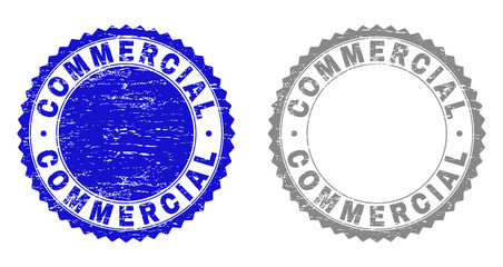 Grunge COMMERCIAL stamp seals isolated on a white background. Rosette seals with distress texture in blue and grey colors. Vector rubber stamp imprint of COMMERCIAL caption inside round rosette.
