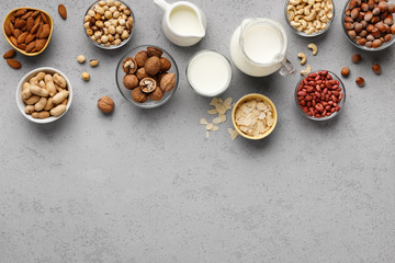 Fototapeta na wymiar Vegan alternative nut milk concept,top view, copy space