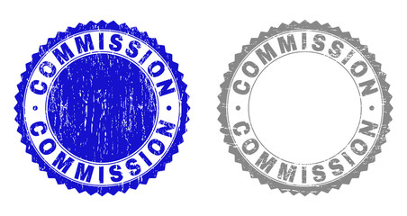 Grunge COMMISSION stamp seals isolated on a white background. Rosette seals with grunge texture in blue and gray colors. Vector rubber stamp imitation of COMMISSION title inside round rosette.