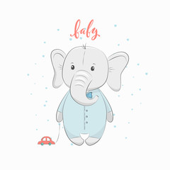 Cute vector illustration with elephant baby for baby wear and invitation card with phrase 