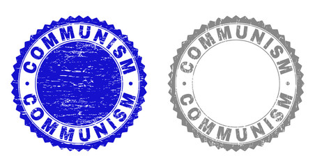 Grunge COMMUNISM stamp seals isolated on a white background. Rosette seals with distress texture in blue and grey colors. Vector rubber stamp imitation of COMMUNISM title inside round rosette.