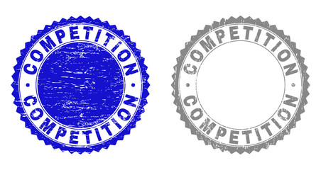 Grunge COMPETITION stamp seals isolated on a white background. Rosette seals with distress texture in blue and gray colors. Vector rubber stamp imitation of COMPETITION tag inside round rosette.
