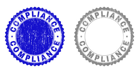 Grunge COMPLIANCE stamp seals isolated on a white background. Rosette seals with grunge texture in blue and grey colors. Vector rubber stamp imitation of COMPLIANCE caption inside round rosette.
