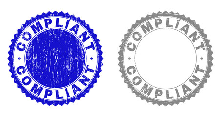 Grunge COMPLIANT stamp seals isolated on a white background. Rosette seals with distress texture in blue and grey colors. Vector rubber stamp imprint of COMPLIANT caption inside round rosette.