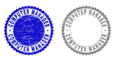 Grunge COMPUTER MANAGER stamp seals isolated on a white background. Rosette seals with grunge texture in blue and grey colors.