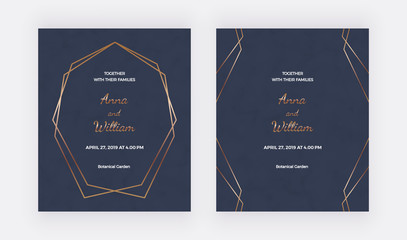 Blue wedding invatation cards with golden polygonal frame and geometric lines. Trendy templates for banner, flyer, poster, save the date, greeting