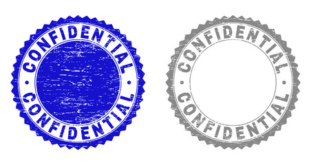 Grunge CONFIDENTIAL stamp seals isolated on a white background. Rosette seals with grunge texture in blue and gray colors. Vector rubber stamp imprint of CONFIDENTIAL tag inside round rosette.