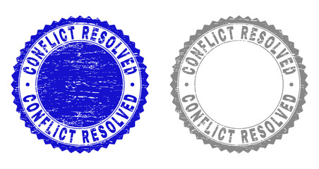 Grunge CONFLICT RESOLVED stamp seals isolated on a white background. Rosette seals with grunge texture in blue and gray colors.