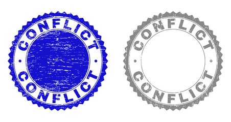 Grunge CONFLICT stamp seals isolated on a white background. Rosette seals with grunge texture in blue and grey colors. Vector rubber stamp imitation of CONFLICT text inside round rosette.