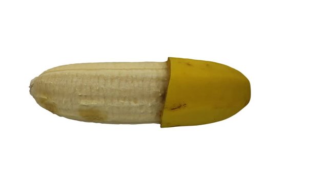 Realistic render of a rotating half peeled banana (Cavendish variety) on white background. The video is seamlessly looping, and the object is 3D scanned from a real banana.