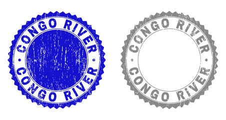 Grunge CONGO RIVER stamp seals isolated on a white background. Rosette seals with distress texture in blue and grey colors. Vector rubber stamp imprint of CONGO RIVER text inside round rosette.