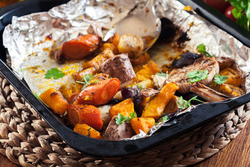 Roasted vegetables on baking metal tray