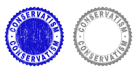 Obraz premium Grunge CONSERVATISM stamp seals isolated on a white background. Rosette seals with distress texture in blue and grey colors. Vector rubber stamp imitation of CONSERVATISM tag inside round rosette.
