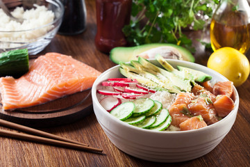 Poke bowl, traditional Hawaiian raw fish salad