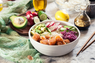 Poke bowl, traditional Hawaiian raw fish salad