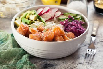 Poke bowl, traditional Hawaiian raw fish salad