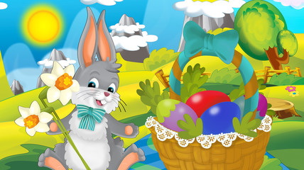 Obraz premium cartoon happy easter rabbit with basket full of eggs with beautiful flowers on nature spring background - illustration for children