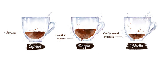 Watercolor set of black coffee types