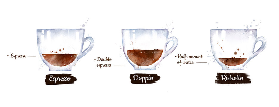 Watercolor set of black coffee types