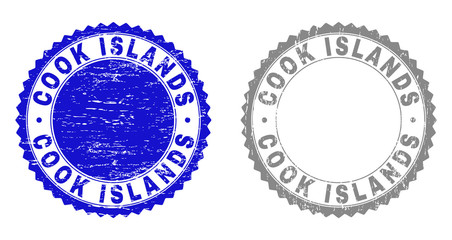 Grunge COOK ISLANDS watermarks isolated on a white background. Rosette seals with grunge texture in blue and grey colors. Vector rubber stamp imprint of COOK ISLANDS title inside round rosette.