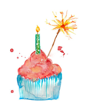 Cupcake watercolor pink painting birthday with candle