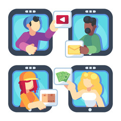 People chatting online together flat poster. Men and women changing messages video data and trading online shop internet apps vector flat illustration. Social media concept