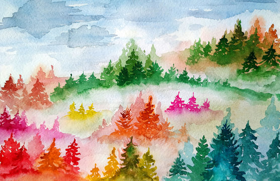 Watercolor trees in the mist. Watercolor forest landscape hand painted illustration.
