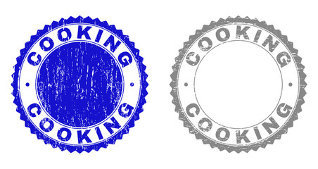 Grunge COOKING stamp seals isolated on a white background. Rosette seals with distress texture in blue and gray colors. Vector rubber stamp imitation of COOKING tag inside round rosette.