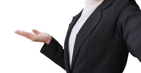 Close up asian women wear a business suit and present something on white background.