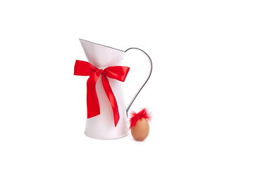 Red white background pitcher carafe milk jug gift Valentine's day bow ribbon knot chicken egg...