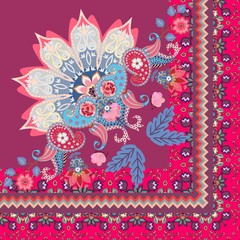 Quarter of shawl or carpet in ethnic style. Half of mandala, paisley ornament and decorative border with tulips flowers in vector.