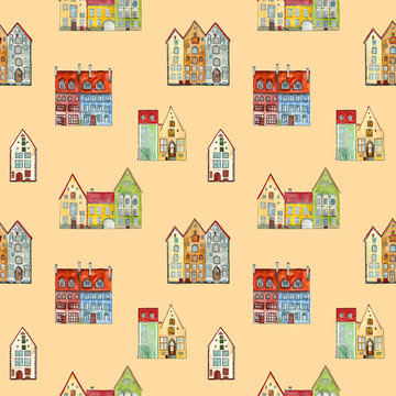Seamless pattern of watercolor hand drawn old medieval houses, european old town street vew. Design for wallpaper, backgrounds, pacaging. 