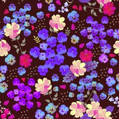 Seamless ditsy floral pattern with pansies, cosmos flowers, petals and little hearts on dark brown background. Print for fabric.