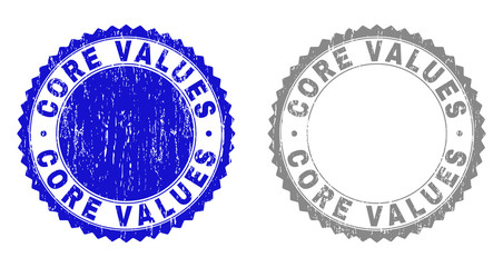 Grunge CORE VALUES stamp seals isolated on a white background. Rosette seals with grunge texture in blue and grey colors. Vector rubber overlay of CORE VALUES text inside round rosette.