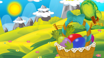 cartoon happy easter basket full of eggs with beautiful flowers on nature spring background - illustration for children