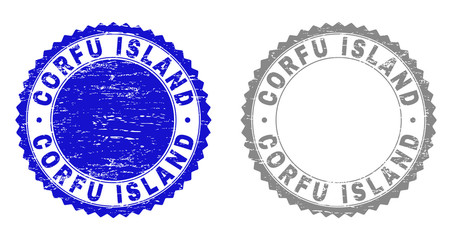 Grunge CORFU ISLAND stamp seals isolated on a white background. Rosette seals with grunge texture in blue and grey colors. Vector rubber overlay of CORFU ISLAND label inside round rosette.