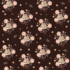 Calico print with country meadow flowers.  Cute bunches, leaves, buds and petals on brown background.