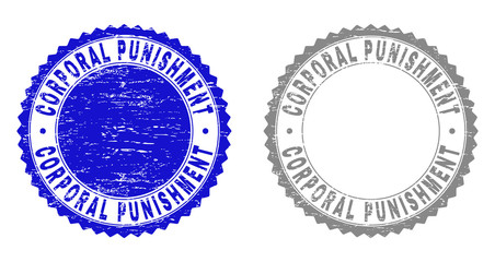 Grunge CORPORAL PUNISHMENT stamp seals isolated on a white background. Rosette seals with grunge texture in blue and gray colors.