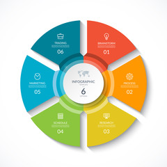 Vector infographic circle. Cycle diagram with 6 stages. Round chart that can be used for report, business analytics, data visualization and presentation.